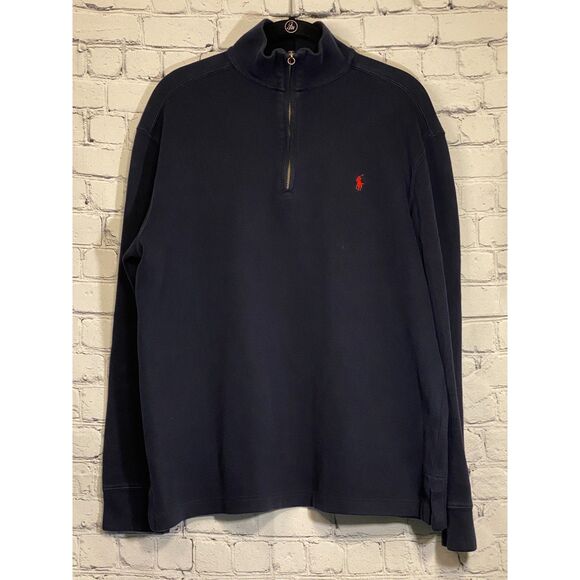 Polo by Ralph Lauren Men's 1/4 Zip Pullover Size M Navy Blue with Red Logo - Picture 1 of 12